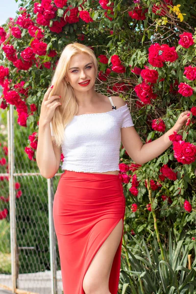 Krásná Žena Blond Vlasy Bílé Horní Dlouhé Růžové Sukně Pózuje — Stock fotografie