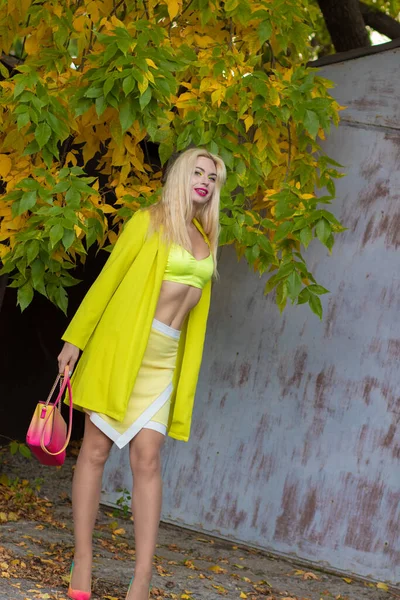 一个年轻美丽的金发女子穿着长长的黄色夹克 上衣和短裙的秋季肖像 用一个明亮的粉红色和黄色的小包 在一棵长满秋叶的树上 — 图库照片