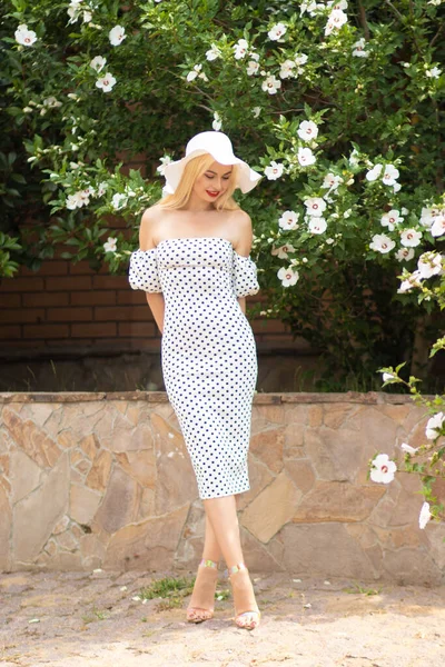 オールド ハリウッド グラム ブッシュによるポルカ ドット ドレスの美しい女性 — ストック写真