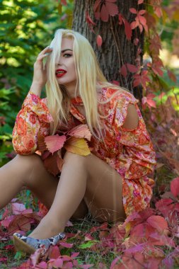 Uzun kollu kırmızı-turuncu elbiseli sarışın bir kadın sonbahar çimenlerinde oturur, renkli sonbahar yapraklarıyla bir ağaca yaslanır..