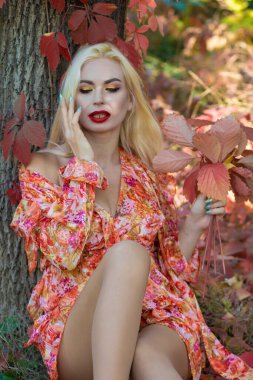 Uzun kollu kırmızı-turuncu elbiseli sarışın bir kadın sonbahar çimenlerinde oturur, renkli sonbahar yapraklarıyla bir ağaca yaslanır..