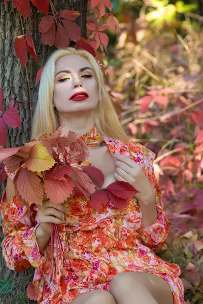 Uzun kollu kırmızı-turuncu elbiseli sarışın bir kadın sonbahar çimenlerinde oturur, renkli sonbahar yapraklarıyla bir ağaca yaslanır..