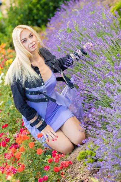 Leylak rengi bir elbisenin içinde uzun saçlı ve doğal makyajlı bir sarışının portresi lavanta çiçeklerinin arasında bir tarlada duruyor. Yaz sabahı