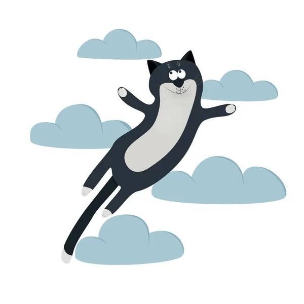 Sebuah Kartun Kucing Terbang Atas Awan Dengan Kata Kucing Atasnya - Stok Vektor