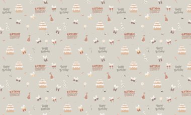 Doğum günü arkaplan modeli. Pasta, şeker, top, hediye