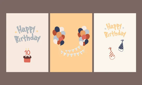 茶色の色調の誕生日カードのセット 男の子と女の子のためのポストカード — ストックベクタ