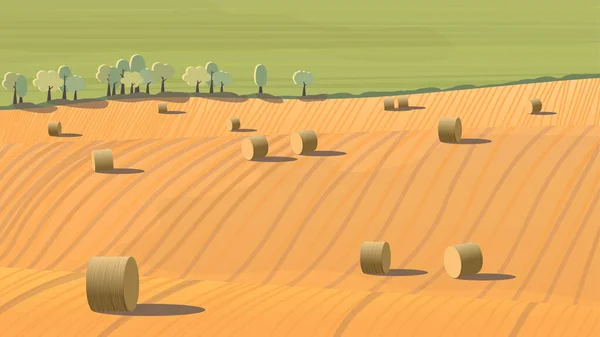 Eine Postkarte Mit Sommerlandschaft Gemähtes Feld Mit Strohballen Landwirtschaft — Stockvektor
