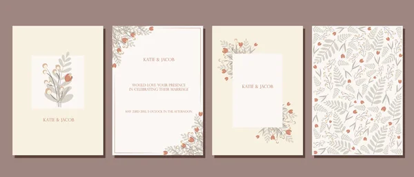Jeu Cartes Postales Une Invitation Mariage Feuilles Fleurs Aux Couleurs — Image vectorielle
