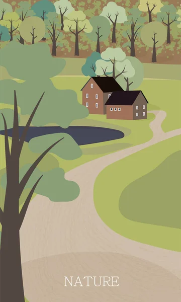 Μια Καρτ Ποστάλ Όμορφο Τοπίο Φάρμα Σπίτι Στο Δάσος — Διανυσματικό Αρχείο