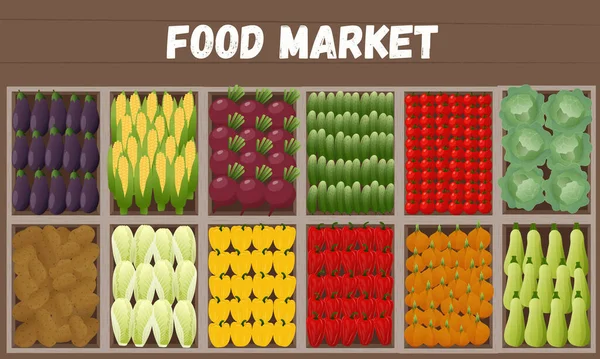 Mostrador Con Verduras Mercado Verduras Alimentación Saludable Vegetarianismo — Vector de stock