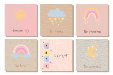 Bir çift çocuk kartpostalı. İlk doğum günü kartları. Yeni doğanlar için kartpostallar. Çocuk unsurları. Çocuk tasarımı