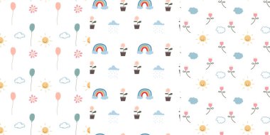 Bir dizi kusursuz desen. Çocuk şablonu. Sevimli toplar, çiçekler, evler, hayvanlar.