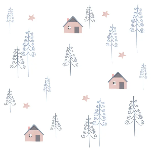 シームレスなパターン巻きクリスマスツリーと家 — ストックベクタ