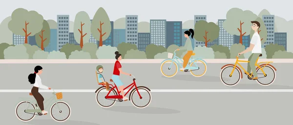 在公园的自行车道上 骑自行车的人在城市的背景下骑车 — 图库矢量图片