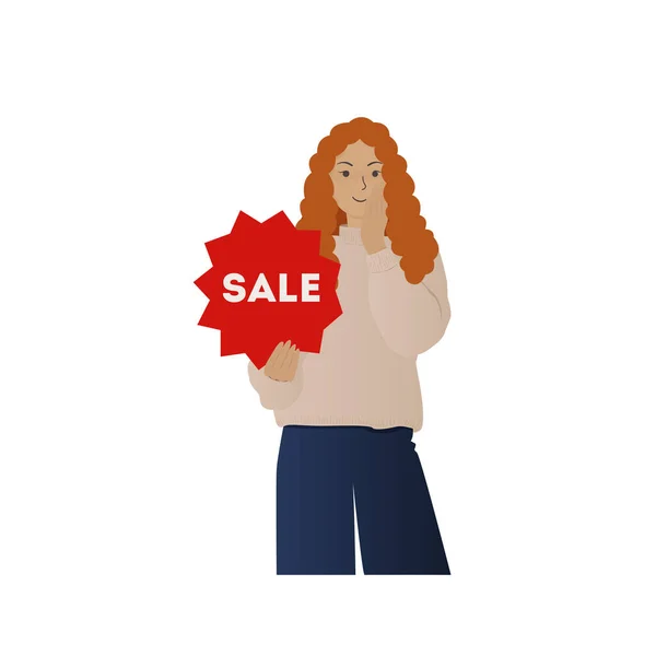 Dziewczyna Czerwonymi Kręconymi Włosami Trzyma Plakat Zniżkowy Rękach — Wektor stockowy