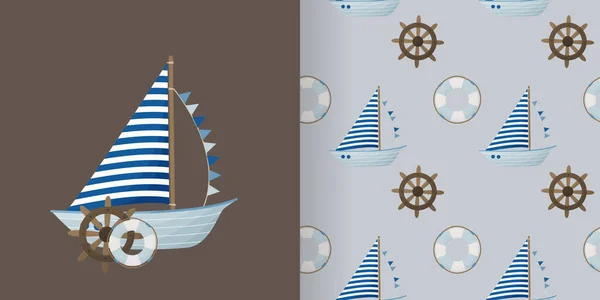 Set Postcards Seamless Patterns Nautical Style Marine Theme Blue Colors — Stock Vector