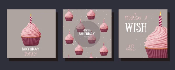 Conjunto Tarjetas Con Cupcakes Deliciosos Pastelitos Con Crema Tarjetas Cumpleaños — Vector de stock