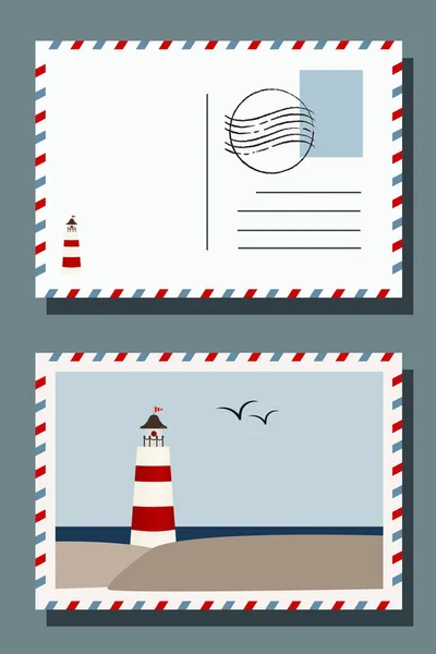 Postkartenserie Mit Marken Reisepostkarte Leuchtturm Meer Seelandschaft — Stockvektor
