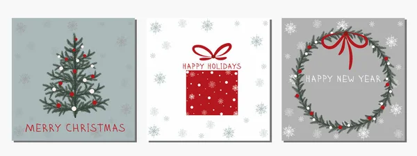 Bir dizi Noel kartı. Noel afişi. Fiyonklu Noel çelengi, Noel ağacı dalları, çiçekler, hediyeler