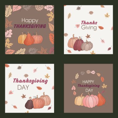 Sonbahar kartları seti. Şükran Günü. Balkabakları ve yapraklar