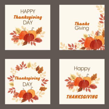 Sonbahar kartları seti. Şükran Günü. Balkabakları ve yapraklar