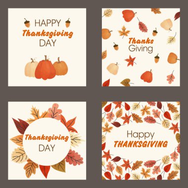 Sonbahar kartları seti. Şükran Günü. Balkabakları ve yapraklar