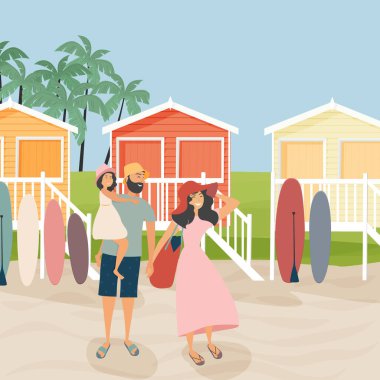 Bir aile sahilde yürüyor. Yaz kartı