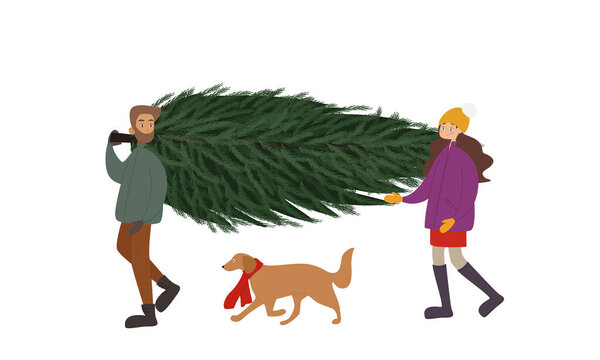 Муж и жена несут рождественскую елку. Собака
