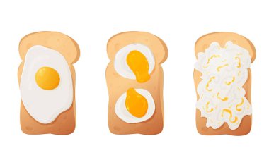 Omletli tost, haşlanmış yumurta, haşlanmış yumurta. Kahvaltının renkli bir çizimi. Çizgi film vektör grafikleri.
