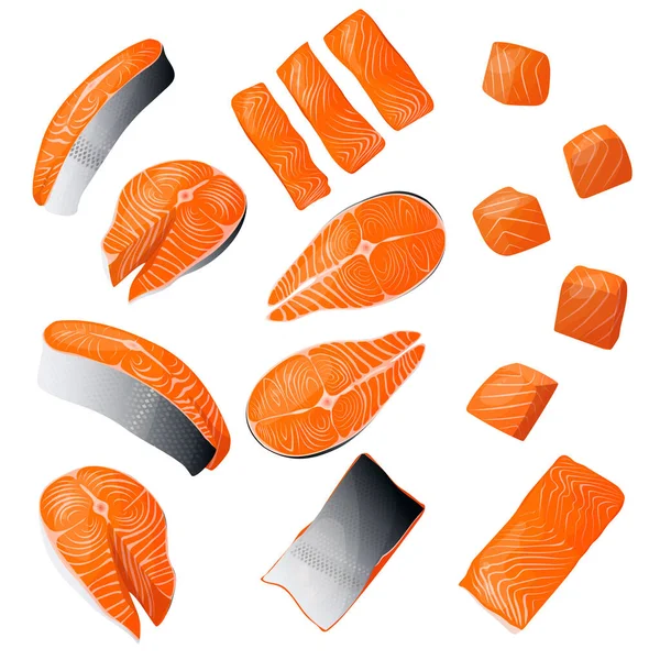 Somon balığı. Kırmızı balık parçaları, somon bifteği ve fileto, küp küp kesilmiş somon. Somon dilimleri. Vektör çizimi. Ayarla