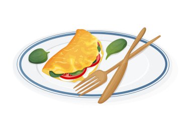 Domates dilimli omlet ve çatal ve bıçaklı bir tabakta ıspanak..