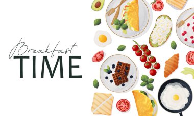 Web afişi. Kahvaltı vakti geldi. Yumurta, sandviç, kruvasan, meyveli waffle, sebze, meyve. Reklam ilanı. Vektör illüstrasyonu