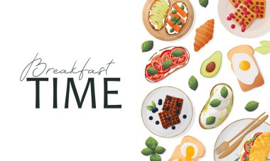 Web afişi. Kahvaltı vakti geldi. Yumurta, sandviç, kruvasan, meyveli waffle, sebze, meyve. Reklam ilanı. Vektör illüstrasyonu