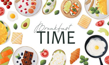 Web afişi. Kahvaltı vakti geldi. Yumurta, sandviç, kruvasan, meyveli waffle, sebze, meyve. Reklam ilanı. Vektör illüstrasyonu