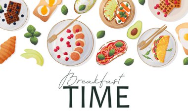 Web afişi. Kahvaltı vakti geldi. Yumurta, sandviç, kruvasan, meyveli waffle, sebze, meyve. Reklam ilanı. Vektör illüstrasyonu