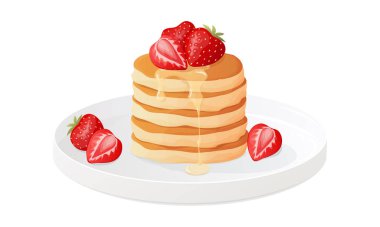 Geleneksel çilekli krep, akçaağaç şurubu. El yapımı kahvaltı ve tatlı vektör çizimi.