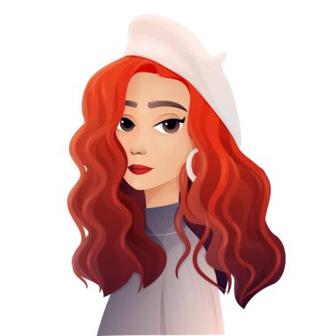 Vektör çizimi. Bere takmış kıvırcık saçlı bir kızın portresi