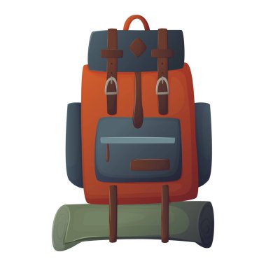 Seyahat, yürüyüş ve kamp için renkli bir sırt çantası. Turist sırt çantası. Klasik bir uyku tulumlu yürüyüş çantası. Kamp ve yürüyüş çantası. Vektör illüstrasyonu