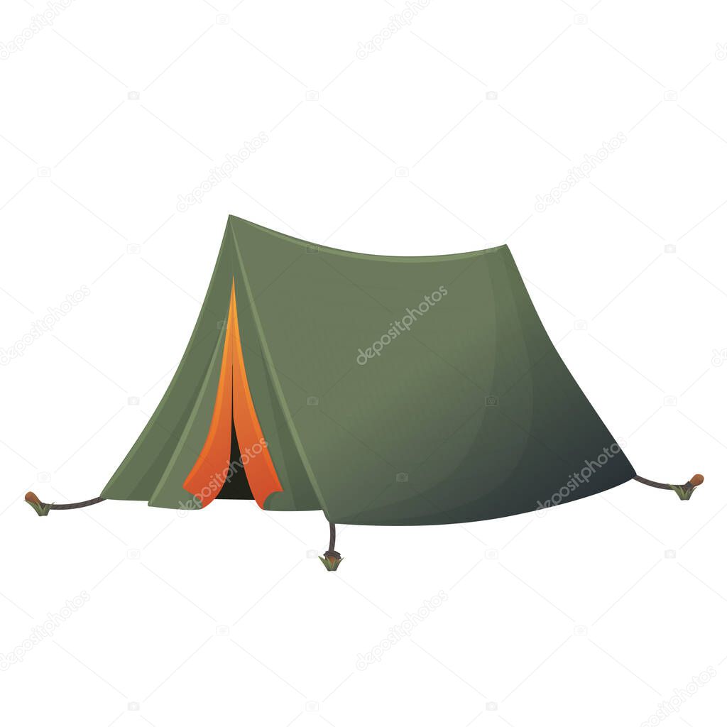 Tent camping in outdoor travel. Vector illustration for nature tourism, journey, adventure. Tent element concept. Green tent