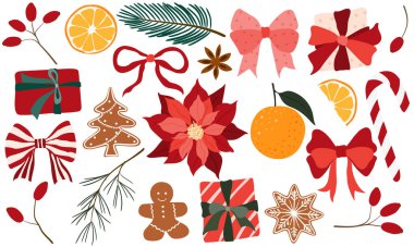 Büyük Noel sembolleri ve tasarım öğeleri seti. Çıkartmalar hazır. El çizimi biçimi.