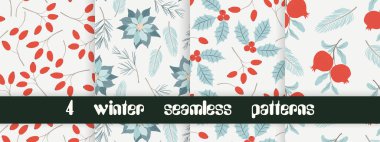 Mutlu Noeller, yeni yılınız kutlu olsun. Tebrik kartları ve paket kağıtları için farklı unsurlara sahip kusursuz desenler. Kusursuz kış şablonları. Vektör illüstrasyonu.