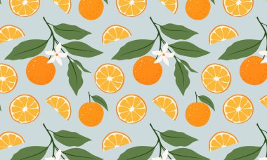 Meyvesiz, dikişsiz desen. El yapımı portakallar, çiçekler ve yapraklarla tropik, parlak yaz arkaplanı. Kağıt, örtü ve kumaş için modern tasarım. Vektör illüstrasyonu.