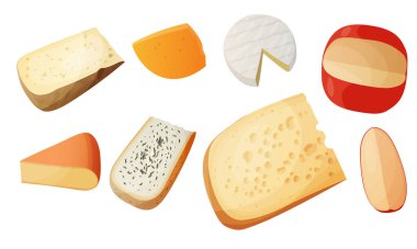 Peynirci tipler. Çizgi film dilimleri, parmesan peyniri, peynir üçgeni, gouda çedar peyniri ve feta dilimleri. Lezzetli süt ürünleri. Peynir vektör seti, beyaz üzerinde vektör illüstrasyon tasarımı