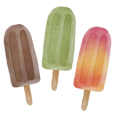  Beyaz arka planda izole edilmiş suluboya dondurma seti. El çizimi suluboya çizimi.