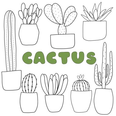 El çizimi kaktüs kabı doğal botanik dekorasyonunu çizer. renklendirme sayfası