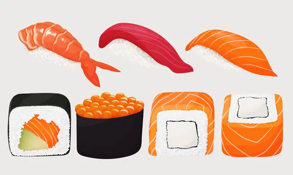 Suşi ve sashimi. Geleneksel bir Japon yemeği. Balıklı pilav. Lezzetli restoran yemekleri. Vektör illüstrasyonu