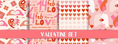 Valentine 'ın kusursuz desen seti, çizgi film tarzı. Kalpler, dudaklar, hediye kutusu ve çiçekler gibi sevimli romantik nesneler. Moda modern vektör çizimi, el çizimi, düz tasarım