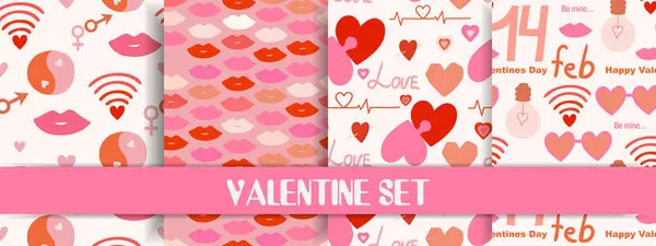 Valentine 'ın kusursuz desen seti, çizgi film tarzı. Kalpler, dudaklar, hediye kutusu ve çiçekler gibi sevimli romantik nesneler. Moda modern vektör çizimi, el çizimi, düz tasarım