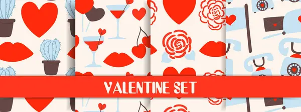 Valentine 'ın kusursuz desen seti, çizgi film tarzı. Kalpler, dudaklar, hediye kutusu ve çiçekler gibi sevimli romantik nesneler. Moda modern vektör çizimi, el çizimi, düz tasarım