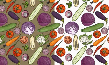 Sebzelerle kusursuz desen. Lahana, patlıcan, soğan, havuç, domates, biber. Tasarım için düz vektör illüstrasyonu